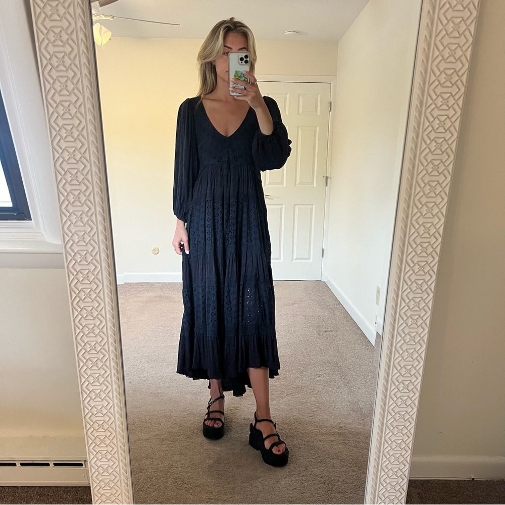 Free People Black Eyelet Tiered Midi Dress